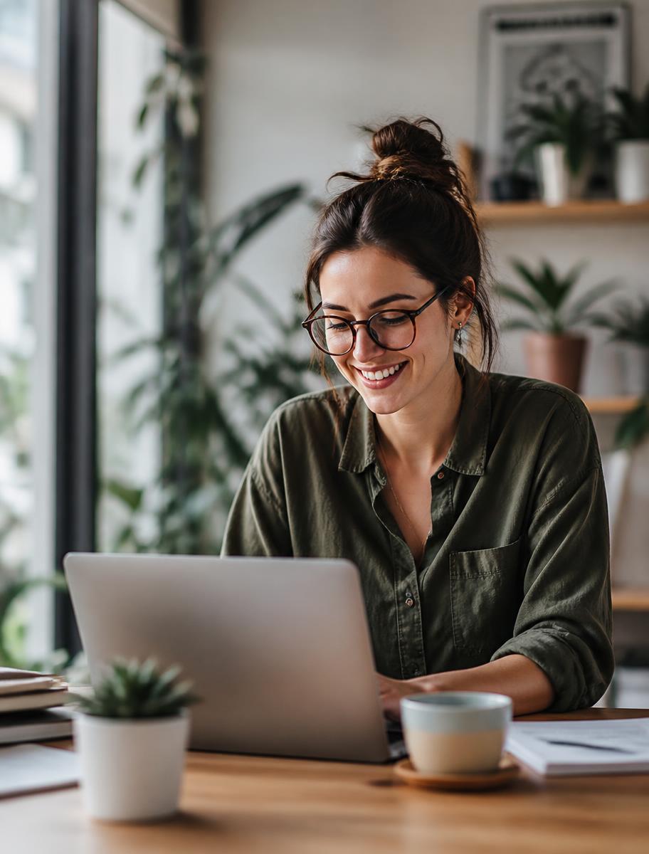 Freelance designer working on a laptop at her desk
